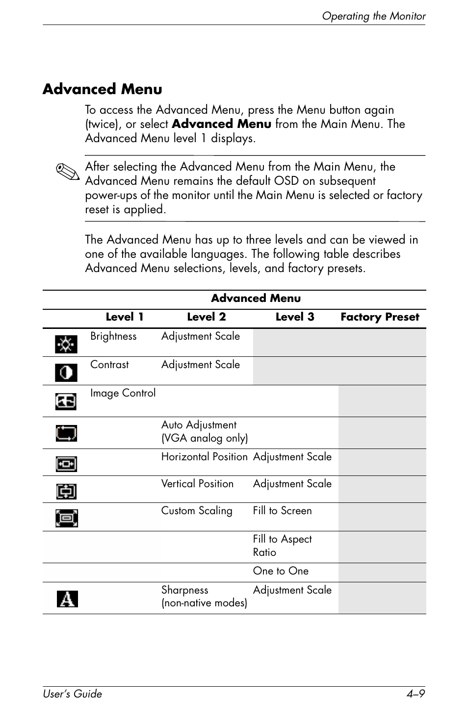 Advanced menu –9, Advanced menu | HP f2105 21 inch LCD Monitor User Manual | Page 45 / 74
