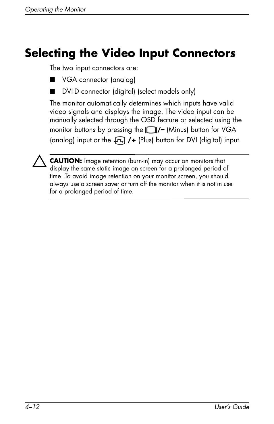 Selecting the video input connectors, Selecting the video input connectors –12 | HP f2105 21 inch LCD Monitor User Manual | Page 48 / 74