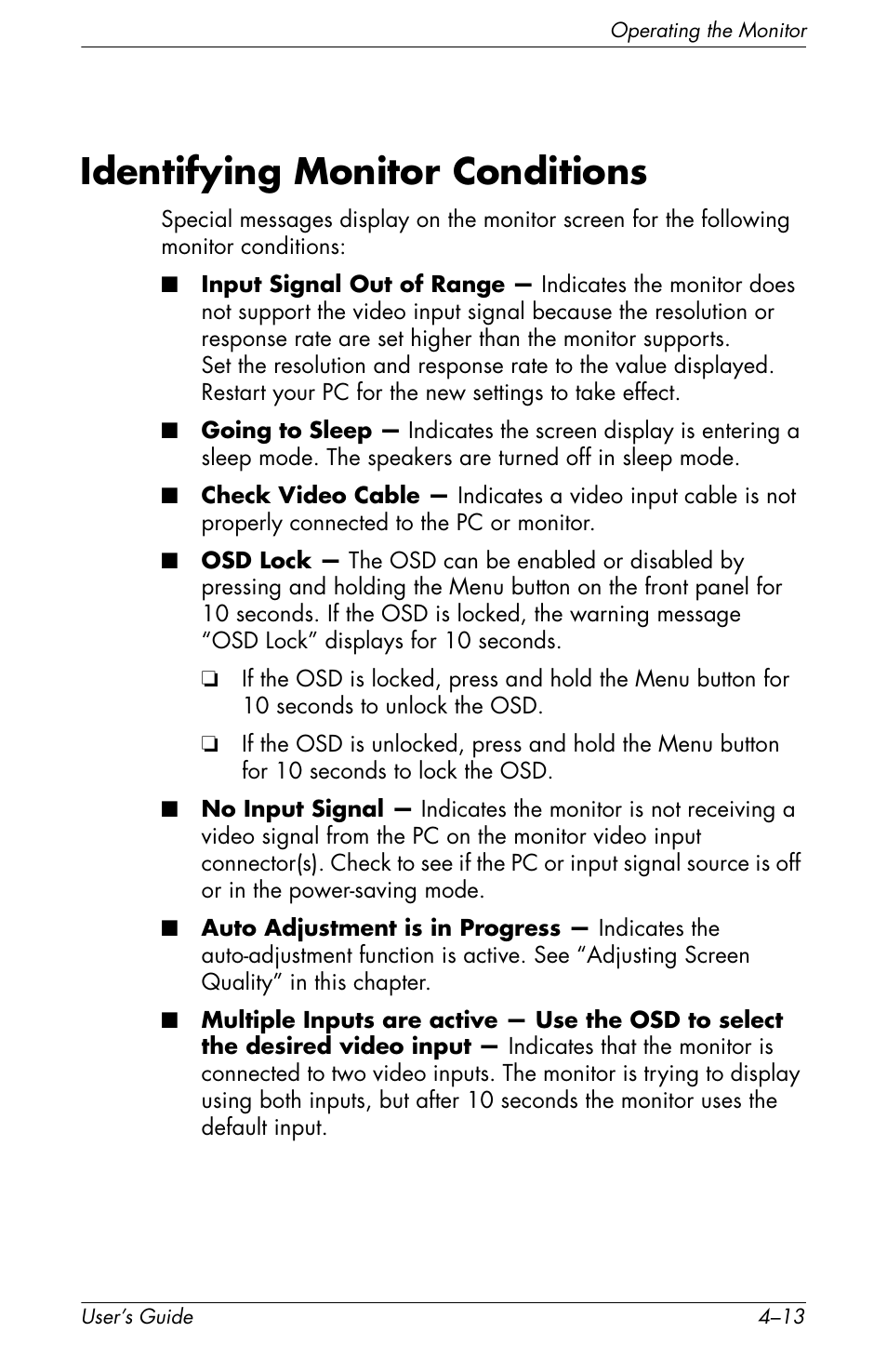 Identifying monitor conditions, Identifying monitor conditions –13 | HP f2105 21 inch LCD Monitor User Manual | Page 49 / 74