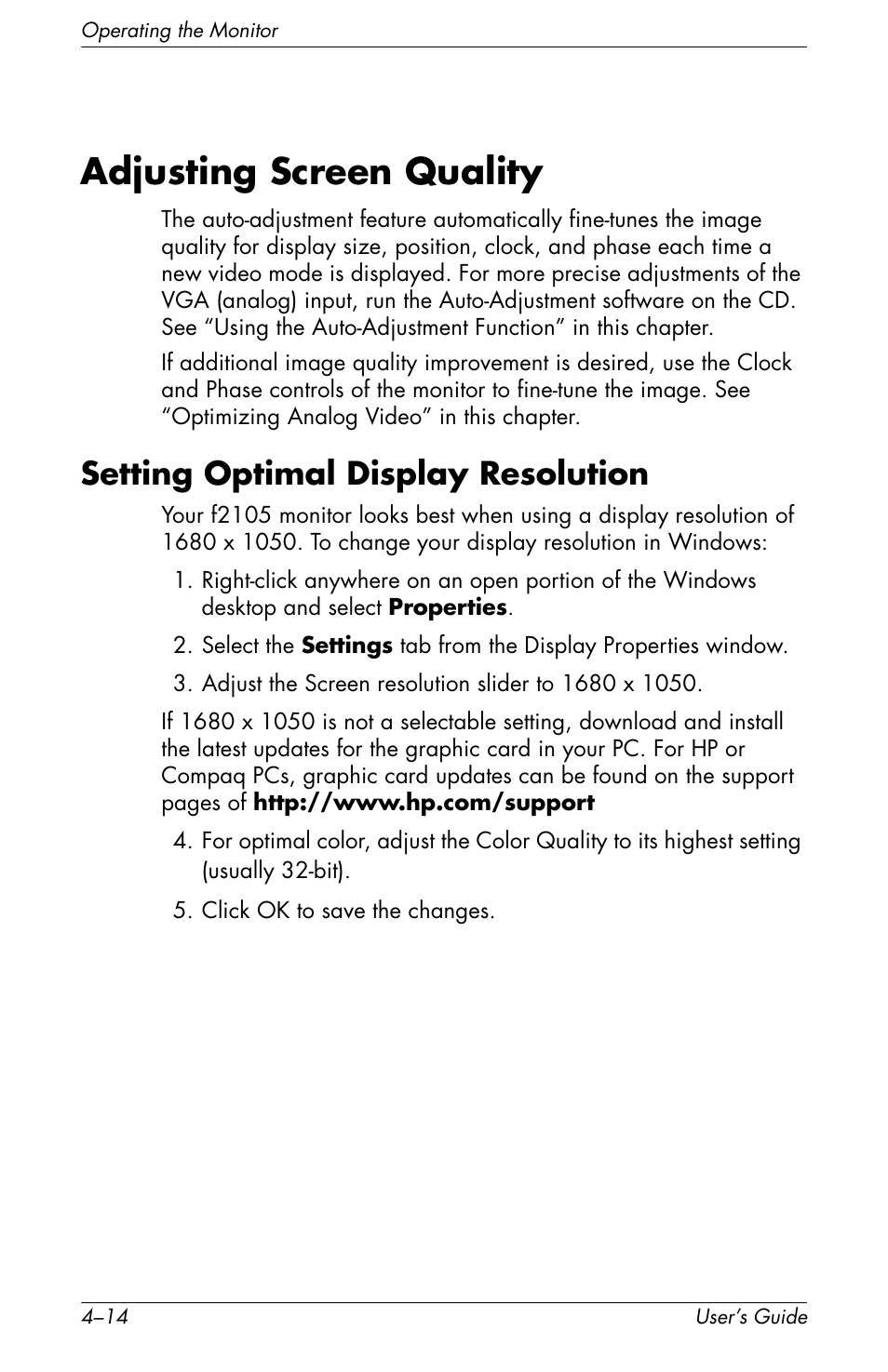 Adjusting screen quality, Setting optimal display resolution, Adjusting screen quality –14 | Setting optimal display resolution –14 | HP f2105 21 inch LCD Monitor User Manual | Page 50 / 74