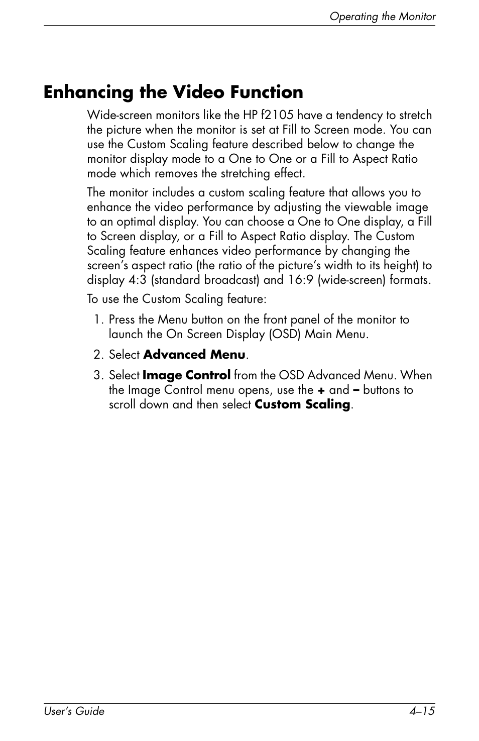 Enhancing the video function, Enhancing the video function –15 | HP f2105 21 inch LCD Monitor User Manual | Page 51 / 74