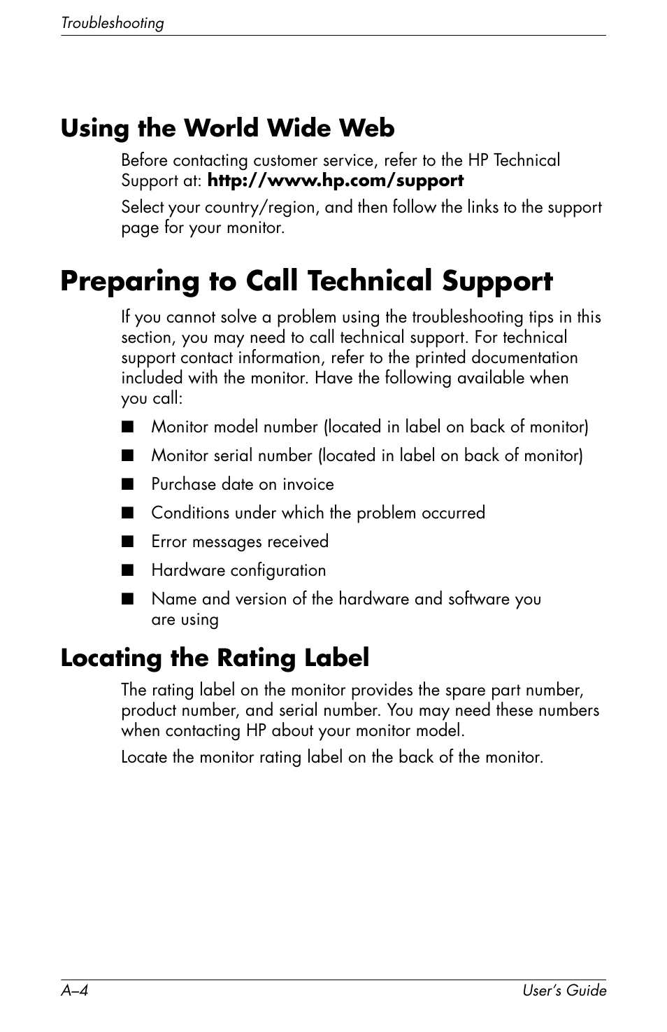 Using the world wide web, Preparing to call technical support, Locating the rating label | HP f2105 21 inch LCD Monitor User Manual | Page 60 / 74