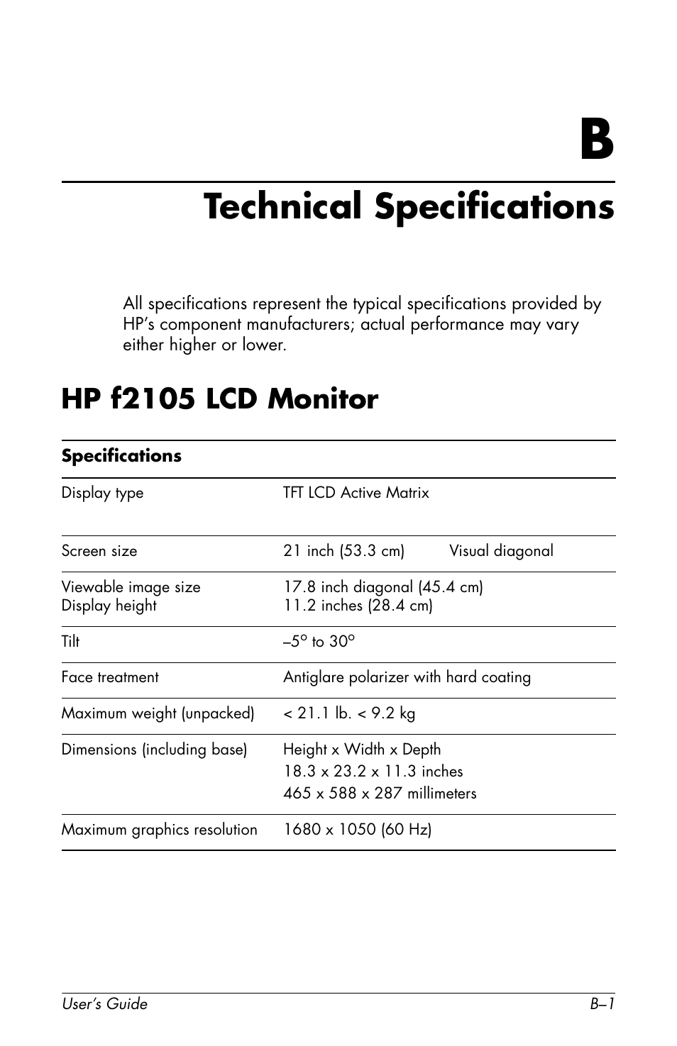 Technical specifications, Hp f2105 lcd monitor, B technical specifications | HP f2105 21 inch LCD Monitor User Manual | Page 61 / 74