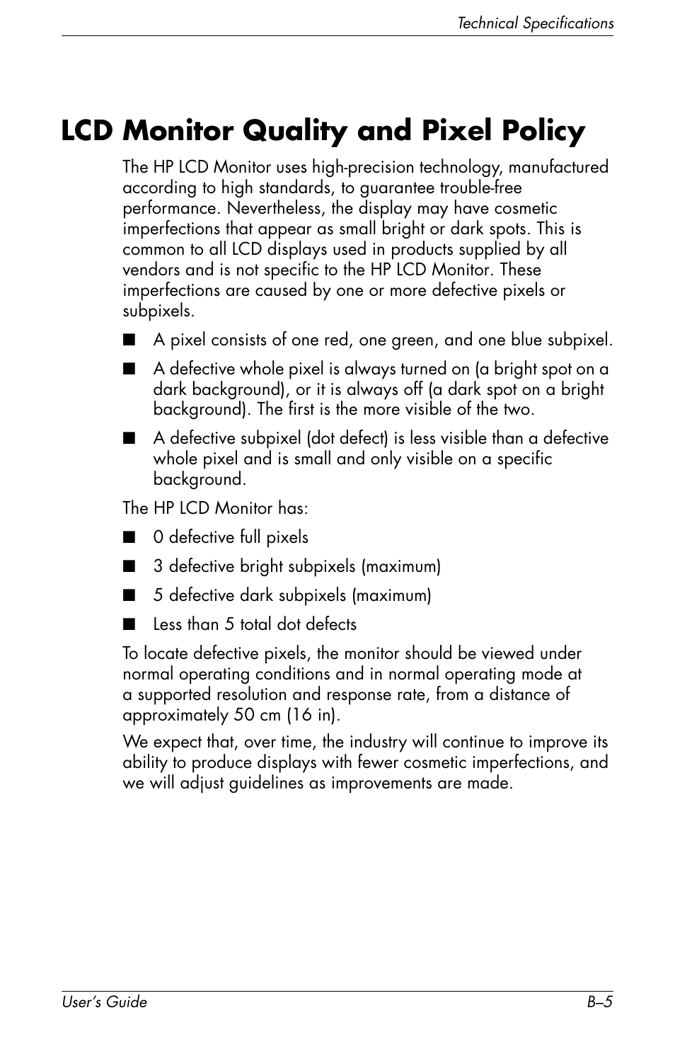 Lcd monitor quality and pixel policy | HP f2105 21 inch LCD Monitor User Manual | Page 65 / 74