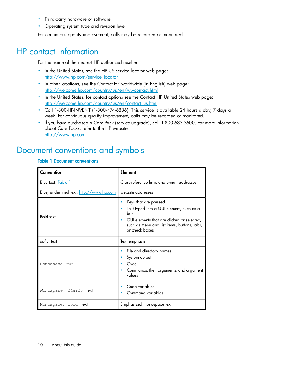 Hp contact information, Document conventions and symbols, 10 document conventions and symbols | Document conventions | HP Brocade 8Gb SAN Switch for HP BladeSystem c-Class User Manual | Page 10 / 64