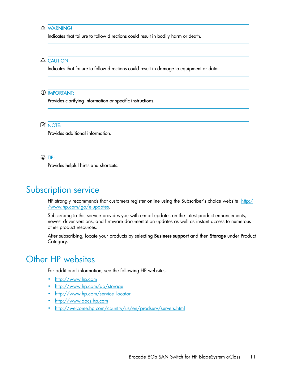 Subscription service, Other hp websites, 11 other hp websites | HP Brocade 8Gb SAN Switch for HP BladeSystem c-Class User Manual | Page 11 / 64