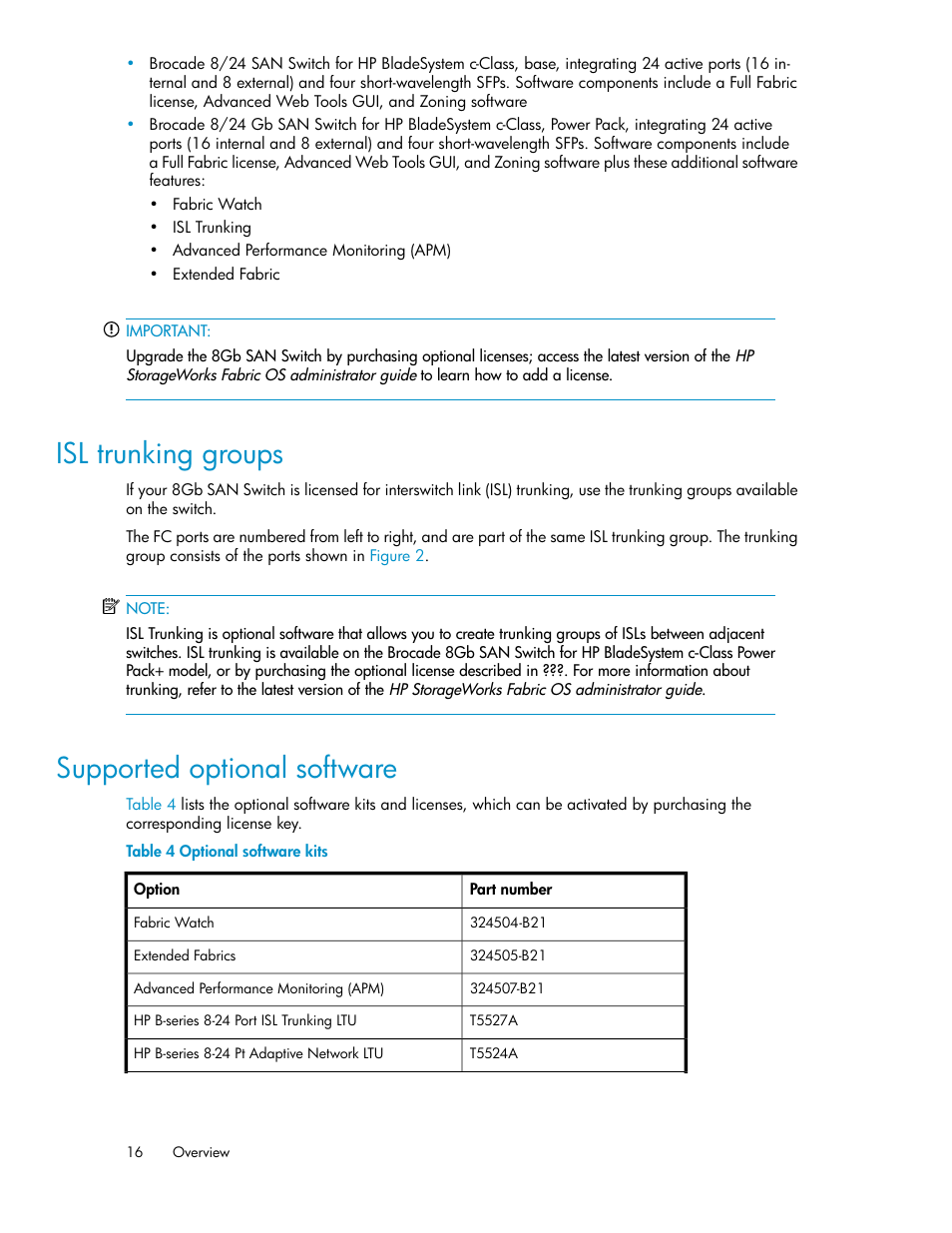 Isl trunking groups, Supported optional software, 16 supported optional software | Optional software kits | HP Brocade 8Gb SAN Switch for HP BladeSystem c-Class User Manual | Page 16 / 64