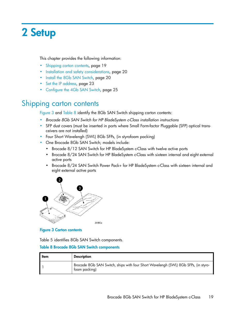 2 setup, Shipping carton contents, Carton contents | Brocade 8gb san switch components | HP Brocade 8Gb SAN Switch for HP BladeSystem c-Class User Manual | Page 19 / 64