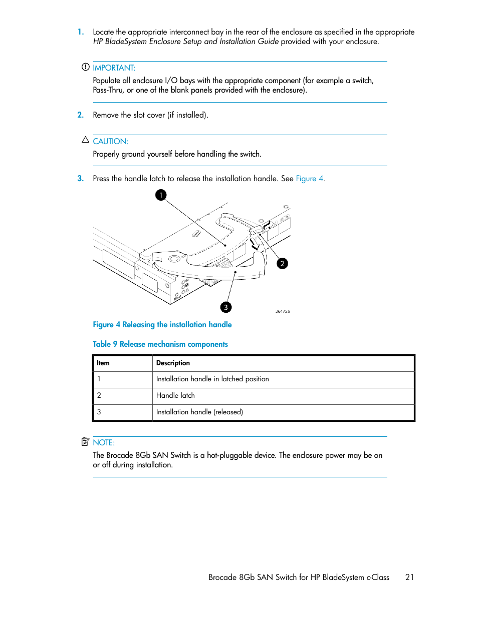 Releasing the installation handle, Brocade 8gb san switch components, Release mechanism components | Table 2 | HP Brocade 8Gb SAN Switch for HP BladeSystem c-Class User Manual | Page 21 / 64