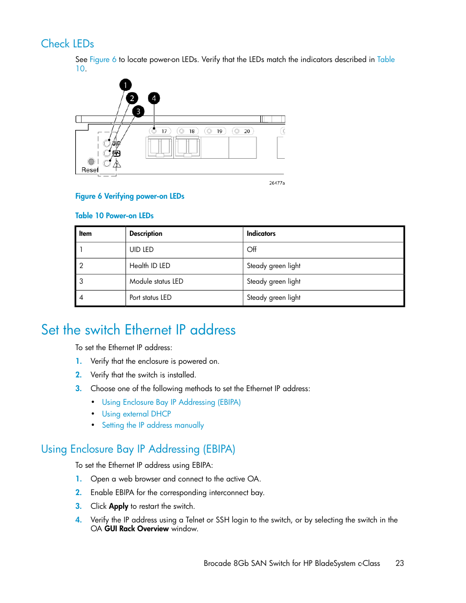 Check leds, Set the switch ethernet ip address, Using enclosure bay ip addressing (ebipa) | Verifying power-on leds, Power-on leds, Set the ip address | HP Brocade 8Gb SAN Switch for HP BladeSystem c-Class User Manual | Page 23 / 64