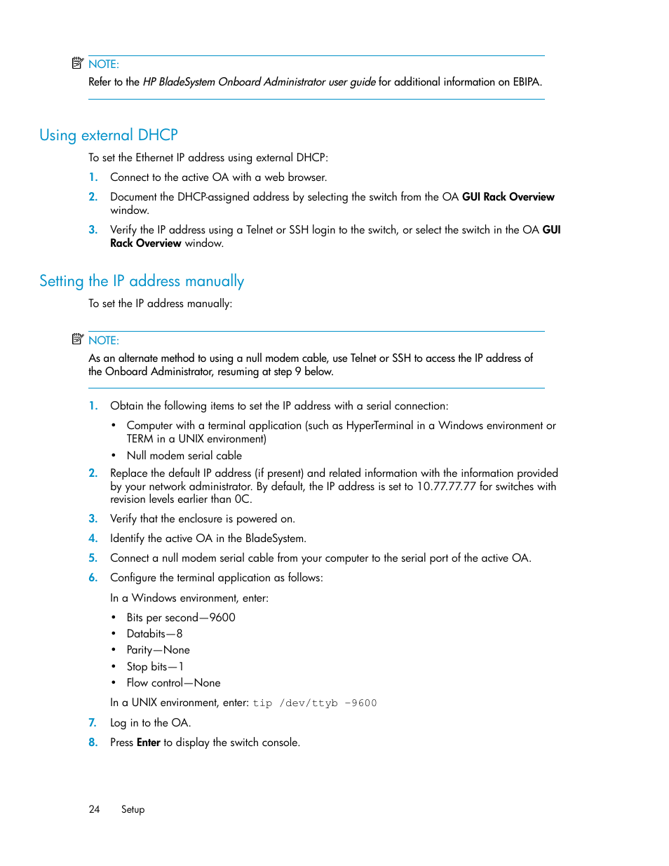 Using external dhcp, Setting the ip address manually, 24 setting the ip address manually | HP Brocade 8Gb SAN Switch for HP BladeSystem c-Class User Manual | Page 24 / 64