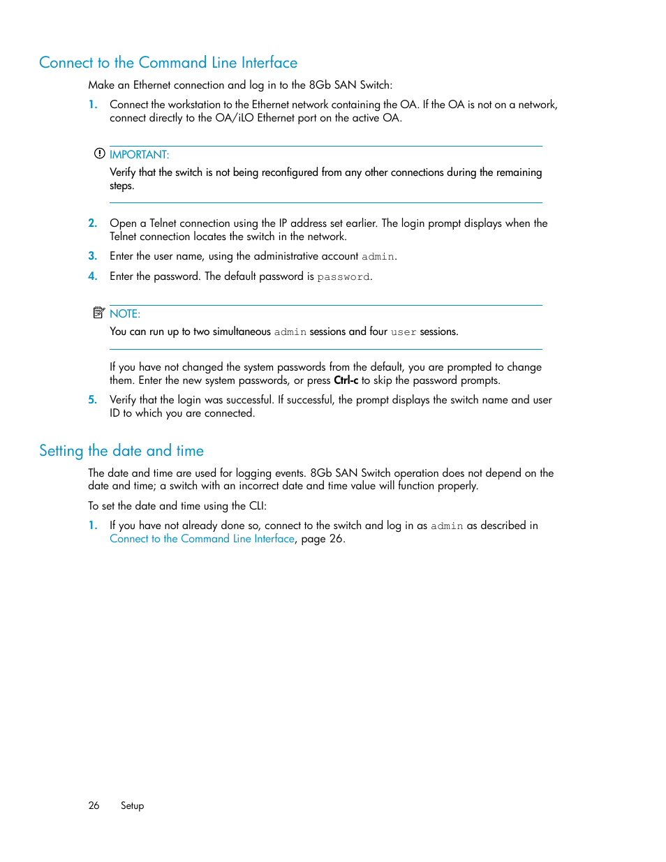 Connect to the command line interface, Setting the date and time, 26 setting the date and time | HP Brocade 8Gb SAN Switch for HP BladeSystem c-Class User Manual | Page 26 / 64