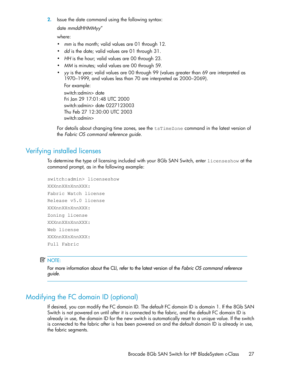 Verifying installed licenses, Modifying the fc domain id (optional), 27 modifying the fc domain id (optional) | HP Brocade 8Gb SAN Switch for HP BladeSystem c-Class User Manual | Page 27 / 64