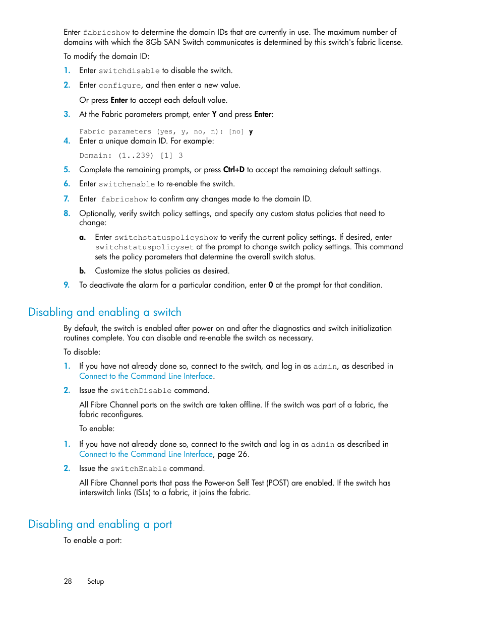 Disabling and enabling a switch, Disabling and enabling a port, 28 disabling and enabling a port | HP Brocade 8Gb SAN Switch for HP BladeSystem c-Class User Manual | Page 28 / 64