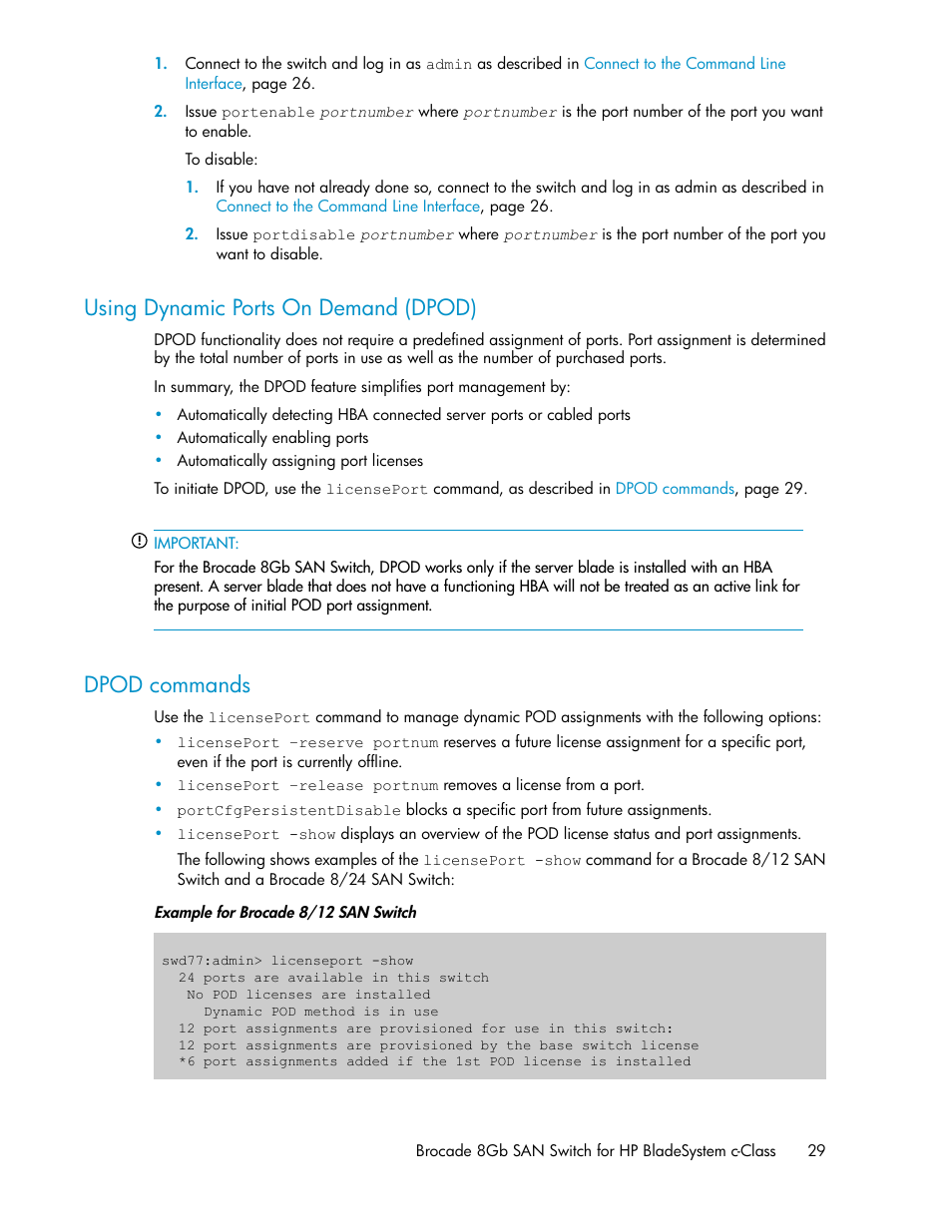 Using dynamic ports on demand (dpod), Dpod commands, 29 dpod commands | HP Brocade 8Gb SAN Switch for HP BladeSystem c-Class User Manual | Page 29 / 64