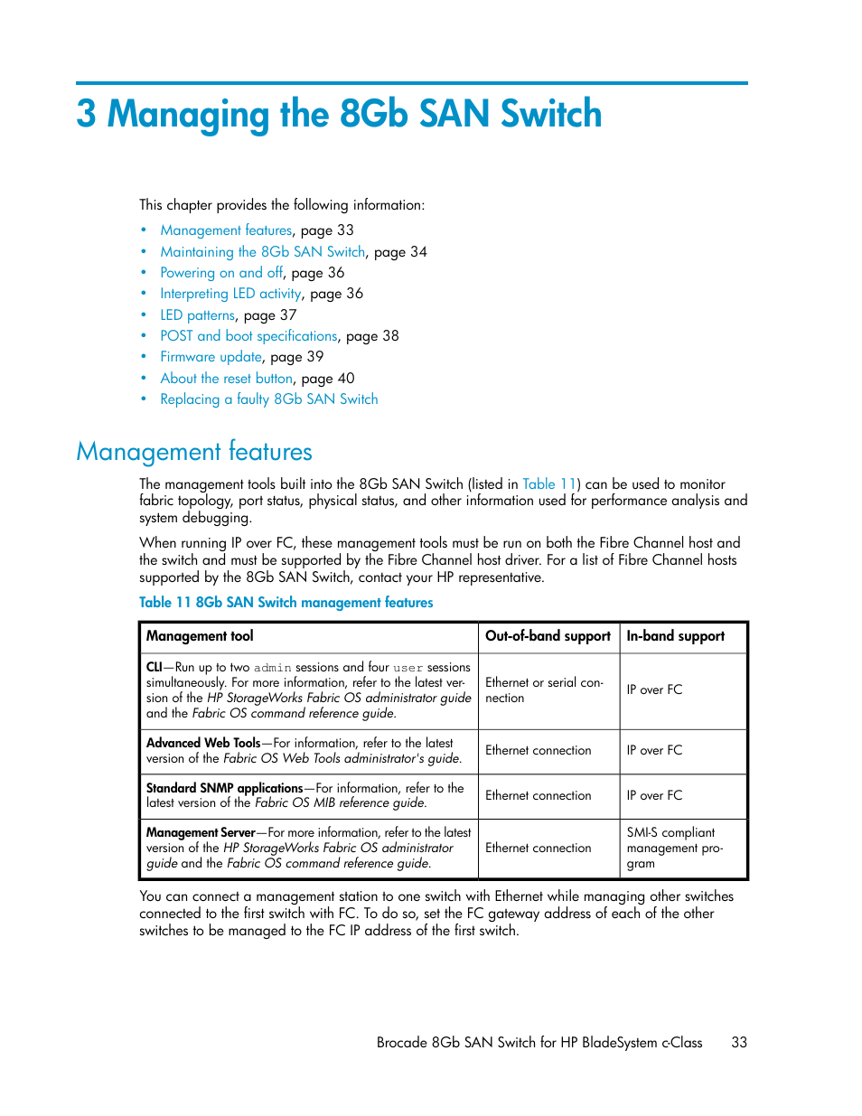 3 managing the 8gb san switch, Management features, 8gb san switch management features | HP Brocade 8Gb SAN Switch for HP BladeSystem c-Class User Manual | Page 33 / 64