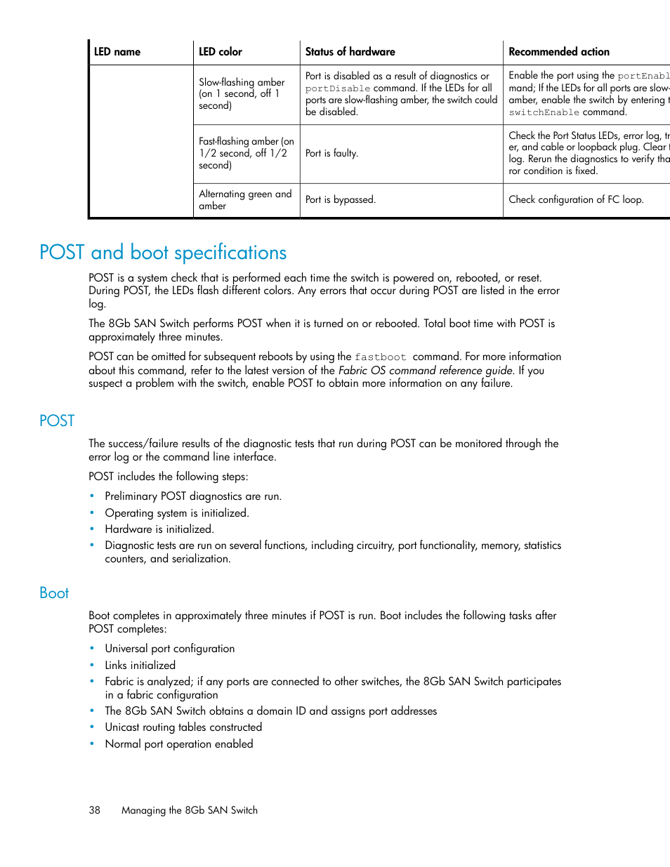 Post and boot specifications, Post, Boot | 38 boot | HP Brocade 8Gb SAN Switch for HP BladeSystem c-Class User Manual | Page 38 / 64