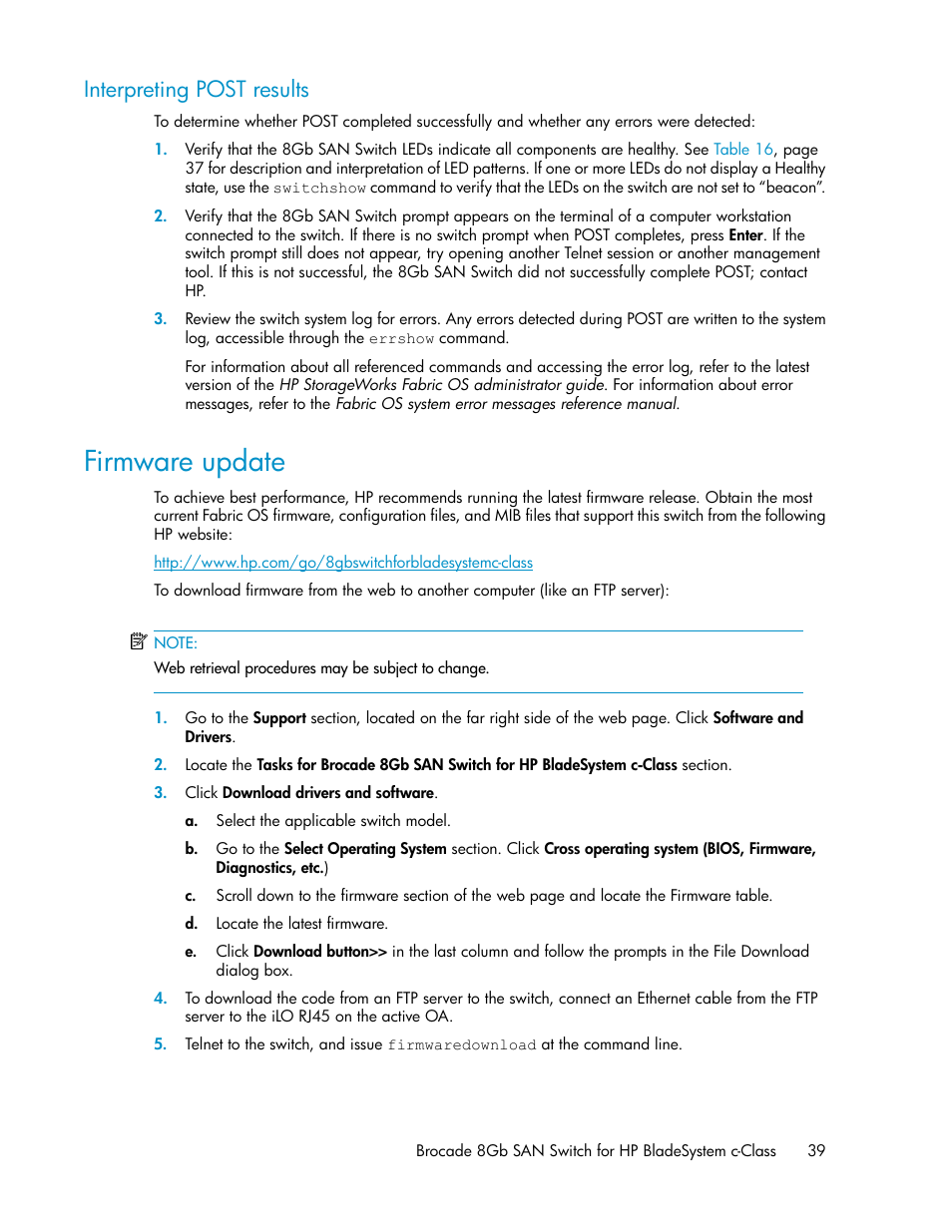 Interpreting post results, Firmware update | HP Brocade 8Gb SAN Switch for HP BladeSystem c-Class User Manual | Page 39 / 64