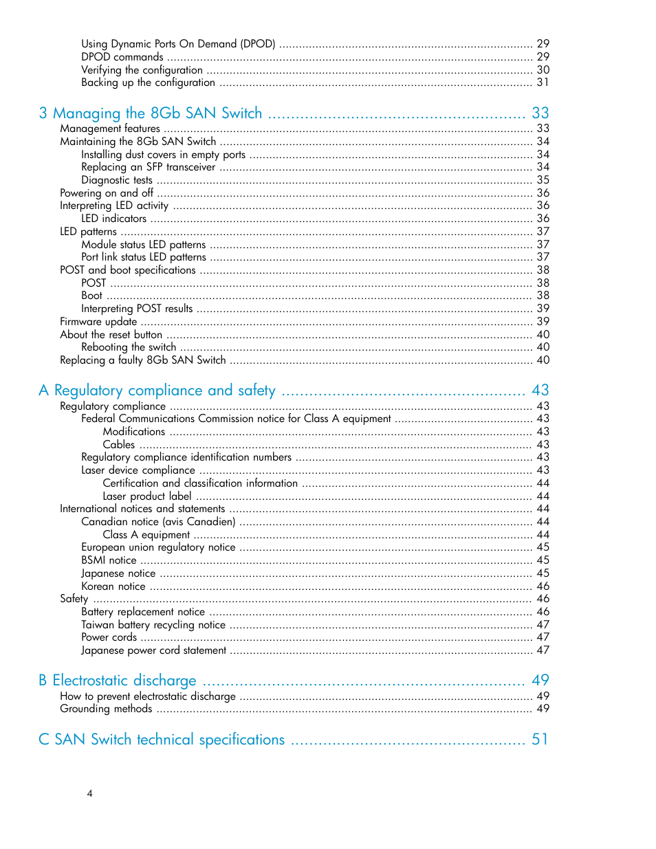 3 managing the 8gb san switch, A regulatory compliance and safety, B electrostatic discharge | C san switch technical specifications | HP Brocade 8Gb SAN Switch for HP BladeSystem c-Class User Manual | Page 4 / 64