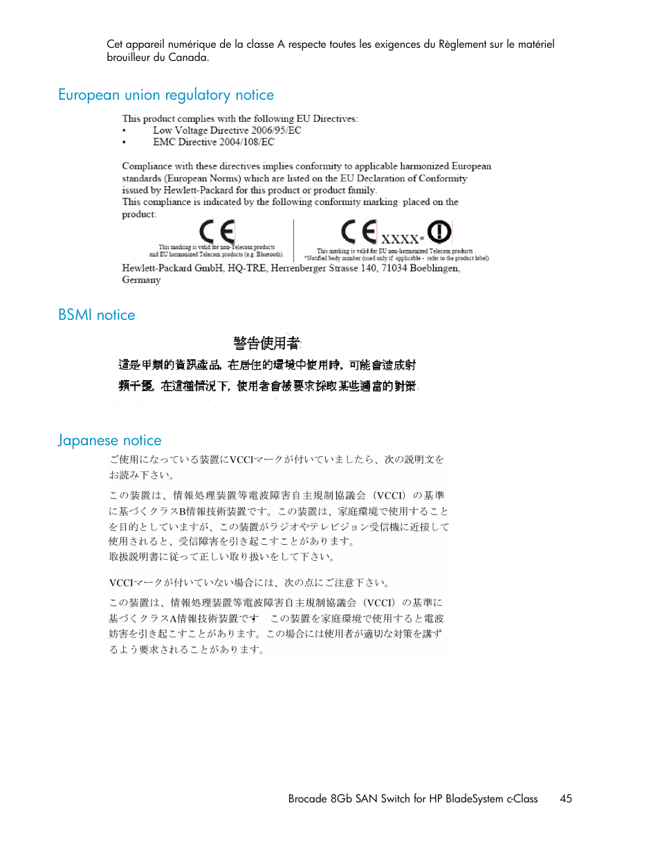 European union regulatory notice, Bsmi notice, Japanese notice | 45 bsmi notice, 45 japanese notice | HP Brocade 8Gb SAN Switch for HP BladeSystem c-Class User Manual | Page 45 / 64