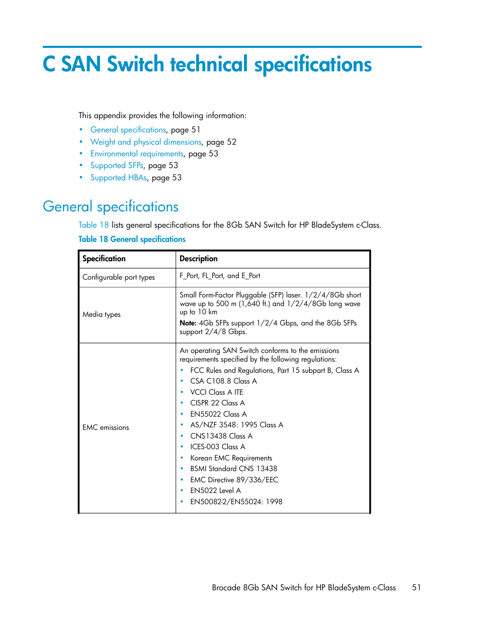 C san switch technical specifications, General specifications | HP Brocade 8Gb SAN Switch for HP BladeSystem c-Class User Manual | Page 51 / 64