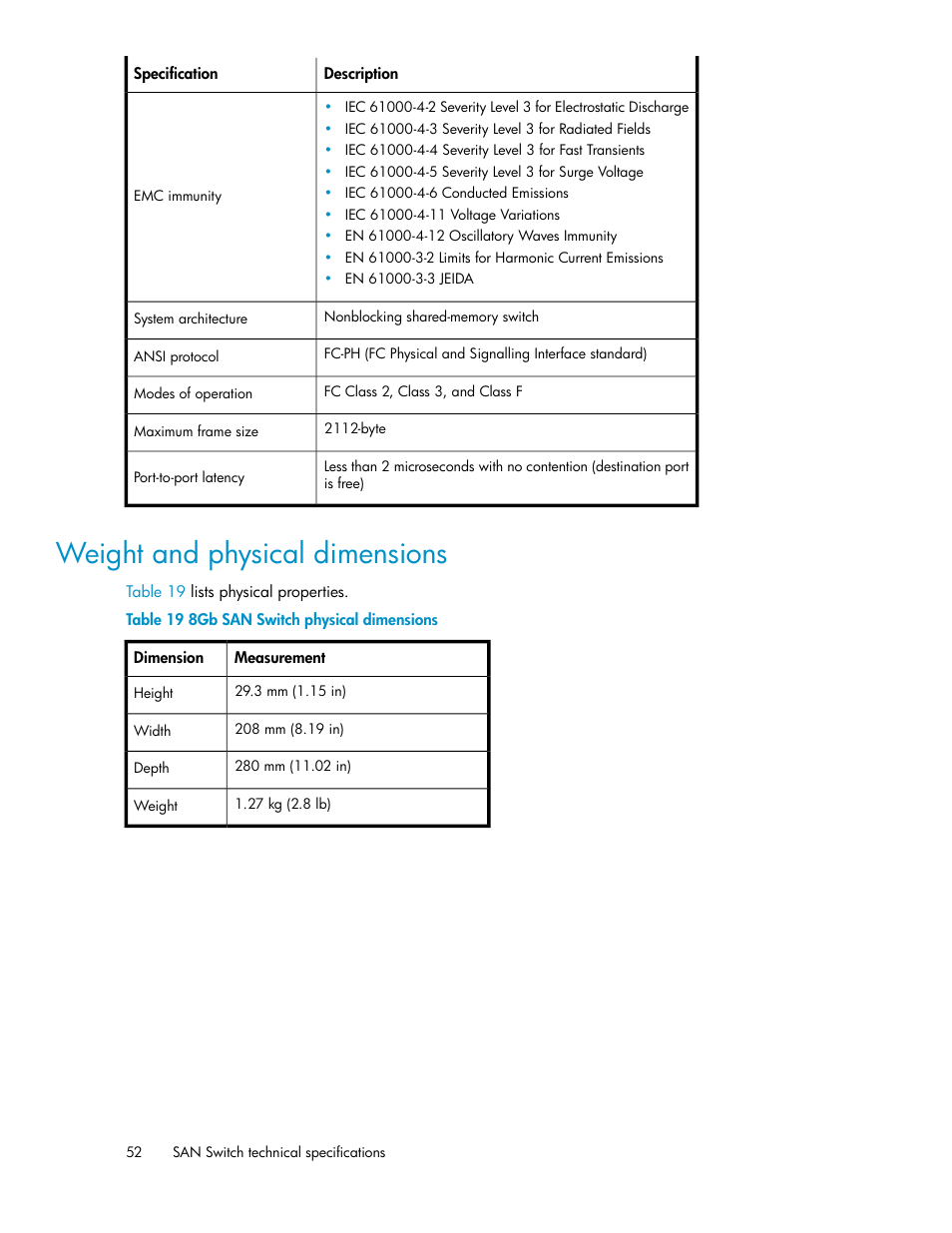 Weight and physical dimensions, 8gb san switch physical dimensions | HP Brocade 8Gb SAN Switch for HP BladeSystem c-Class User Manual | Page 52 / 64