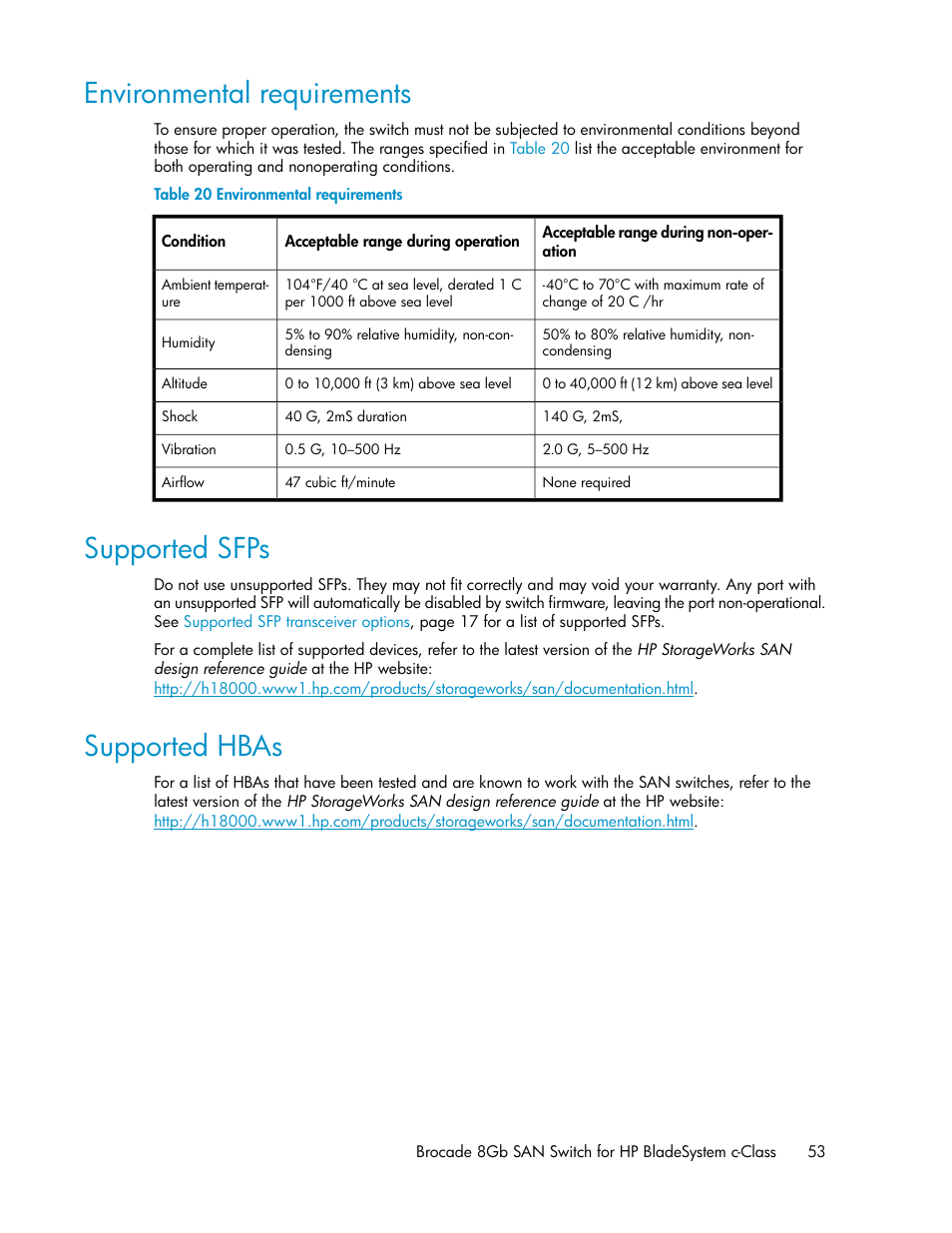 Environmental requirements, Supported sfps, Supported hbas | 53 supported sfps, 53 supported hbas | HP Brocade 8Gb SAN Switch for HP BladeSystem c-Class User Manual | Page 53 / 64