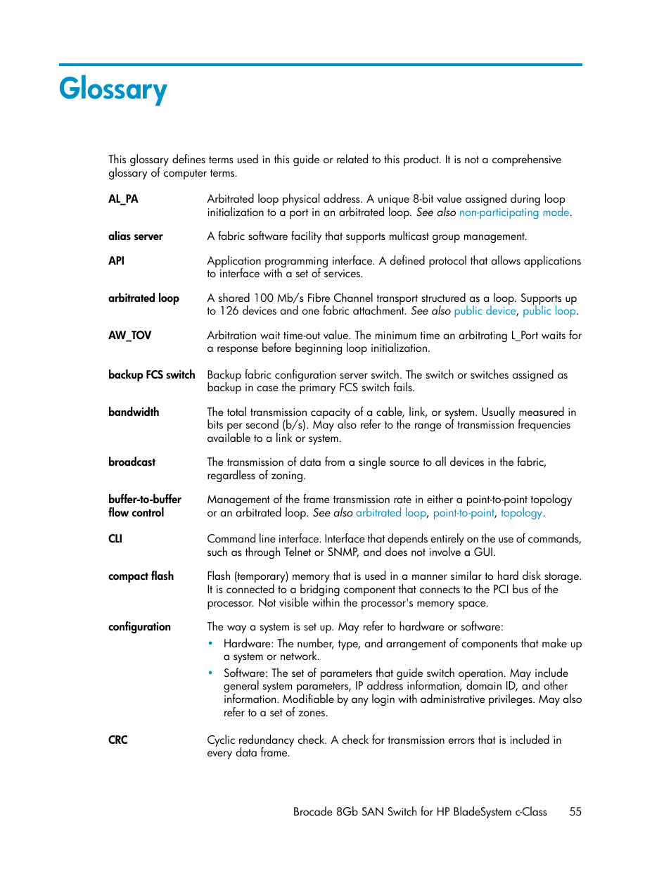 Glossary | HP Brocade 8Gb SAN Switch for HP BladeSystem c-Class User Manual | Page 55 / 64