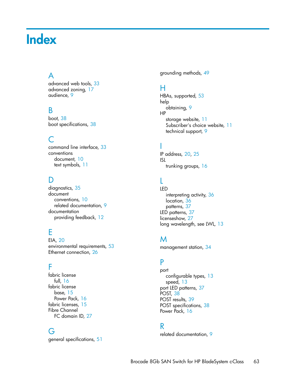 Index | HP Brocade 8Gb SAN Switch for HP BladeSystem c-Class User Manual | Page 63 / 64