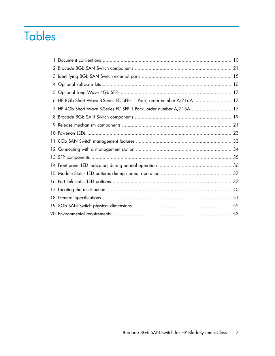 Tables | HP Brocade 8Gb SAN Switch for HP BladeSystem c-Class User Manual | Page 7 / 64