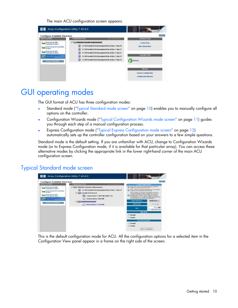 Gui operating modes, Typical standard mode screen, Iguration mode that you want to use | On p | HP StorageWorks 1500cs Modular Smart Array User Manual | Page 10 / 71