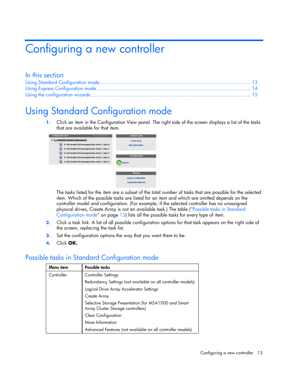 Configuring a new controller, Using standard configuration mode, Possible tasks in standard configuration mode | HP StorageWorks 1500cs Modular Smart Array User Manual | Page 13 / 71