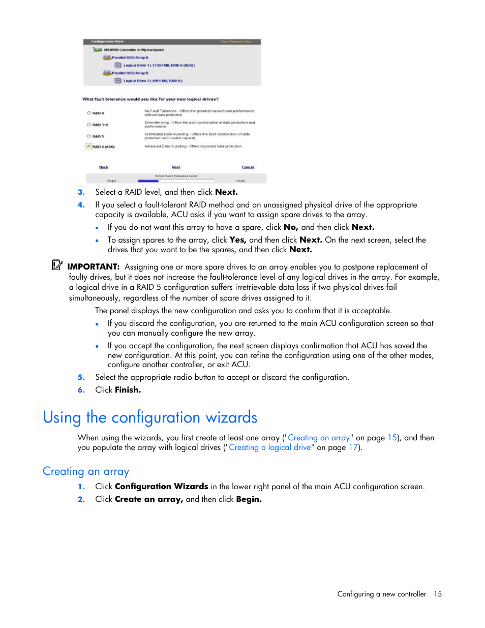 Using the configuration wizards, Creating an array | HP StorageWorks 1500cs Modular Smart Array User Manual | Page 15 / 71