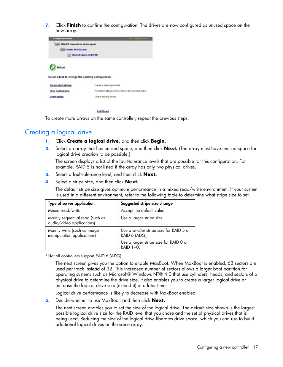 Creating a logical drive, Logical drives | HP StorageWorks 1500cs Modular Smart Array User Manual | Page 17 / 71