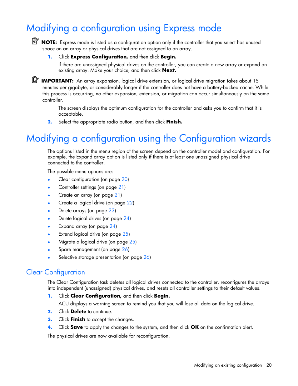 Modifying a configuration using express mode, Clear configuration | HP StorageWorks 1500cs Modular Smart Array User Manual | Page 20 / 71