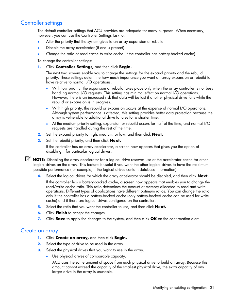 Controller settings, Create an array | HP StorageWorks 1500cs Modular Smart Array User Manual | Page 21 / 71