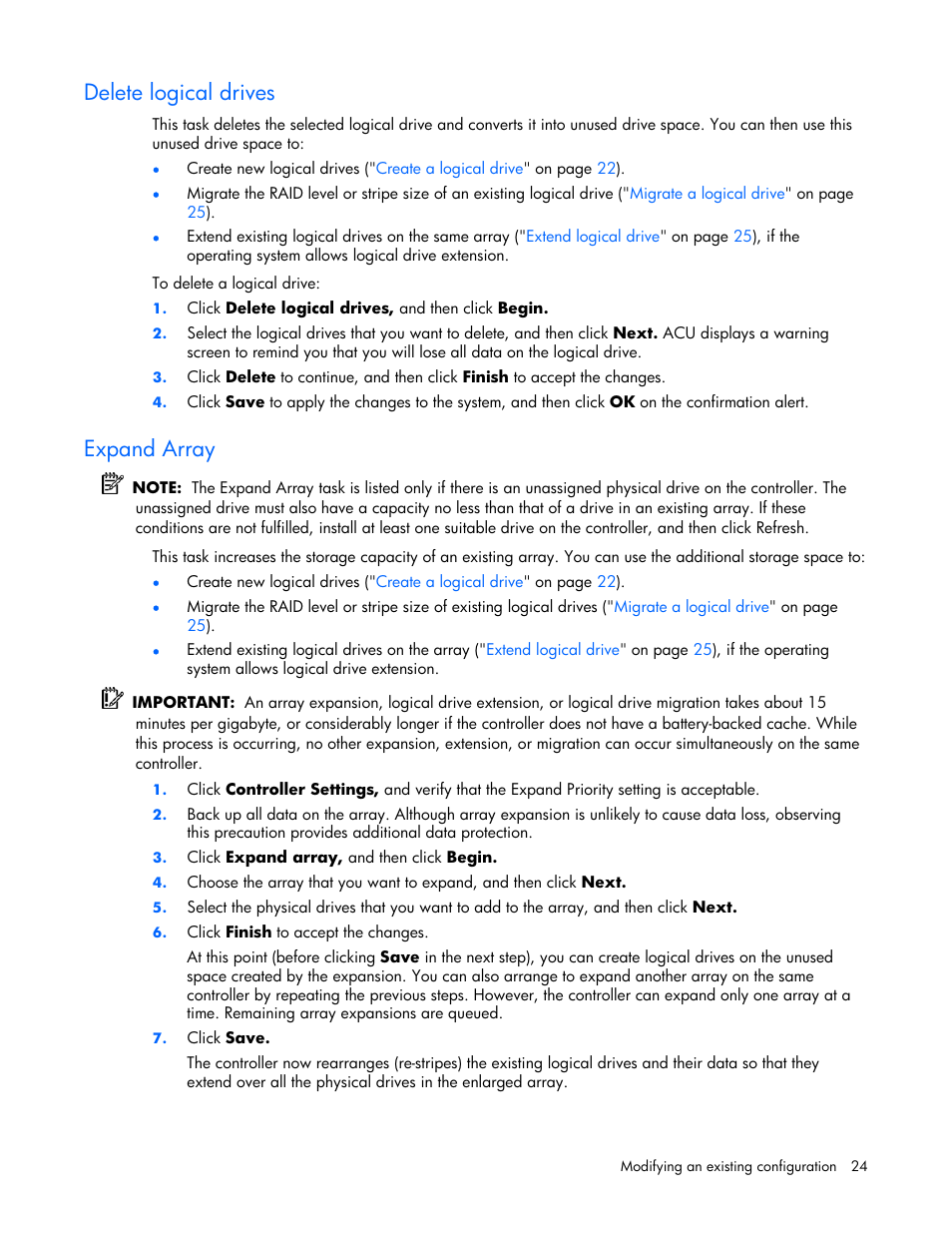 Delete logical drives, Expand array, On the sa | HP StorageWorks 1500cs Modular Smart Array User Manual | Page 24 / 71