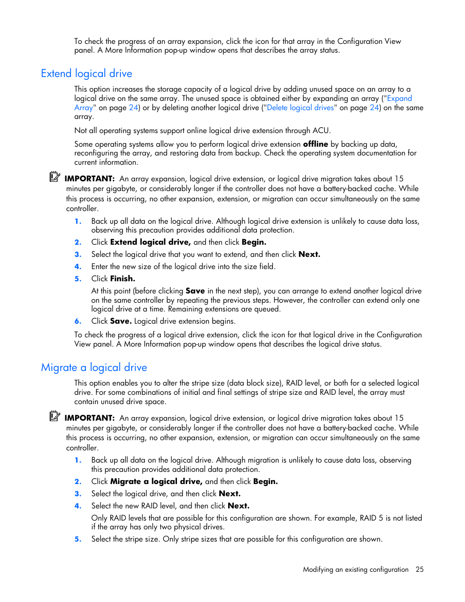 Extend logical drive, Migrate a logical drive, If the | If the operatin | HP StorageWorks 1500cs Modular Smart Array User Manual | Page 25 / 71