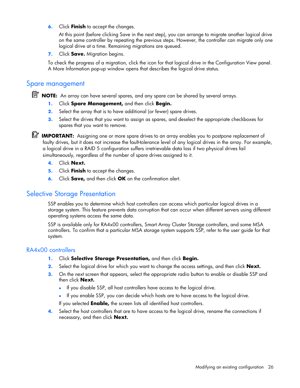 Spare management, Selective storage presentation, Ra4x00 controllers | HP StorageWorks 1500cs Modular Smart Array User Manual | Page 26 / 71