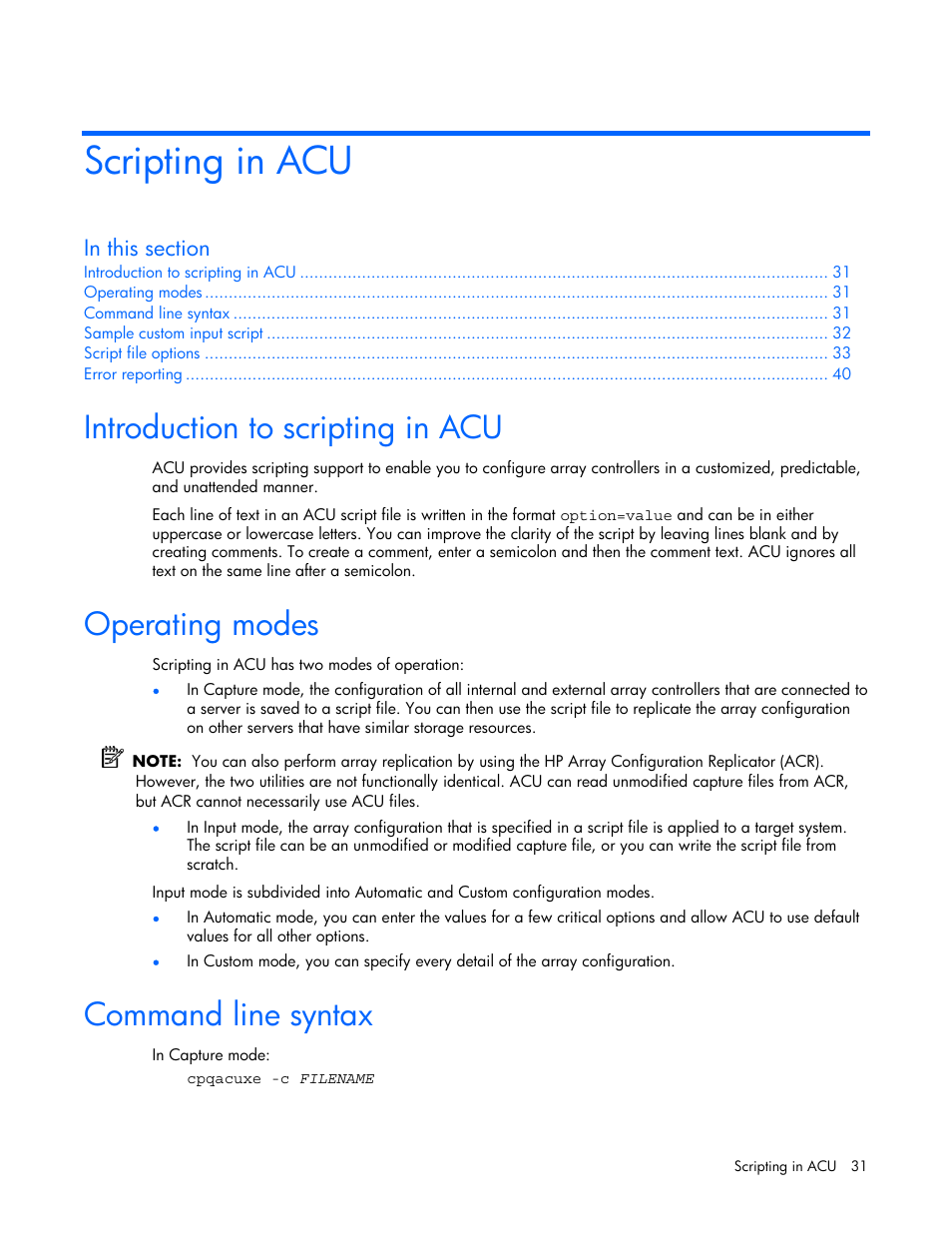 Scripting in acu, Introduction to scripting in acu, Operating modes | Command line syntax, Ripting mode, Cli mo, Or the cli | HP StorageWorks 1500cs Modular Smart Array User Manual | Page 31 / 71