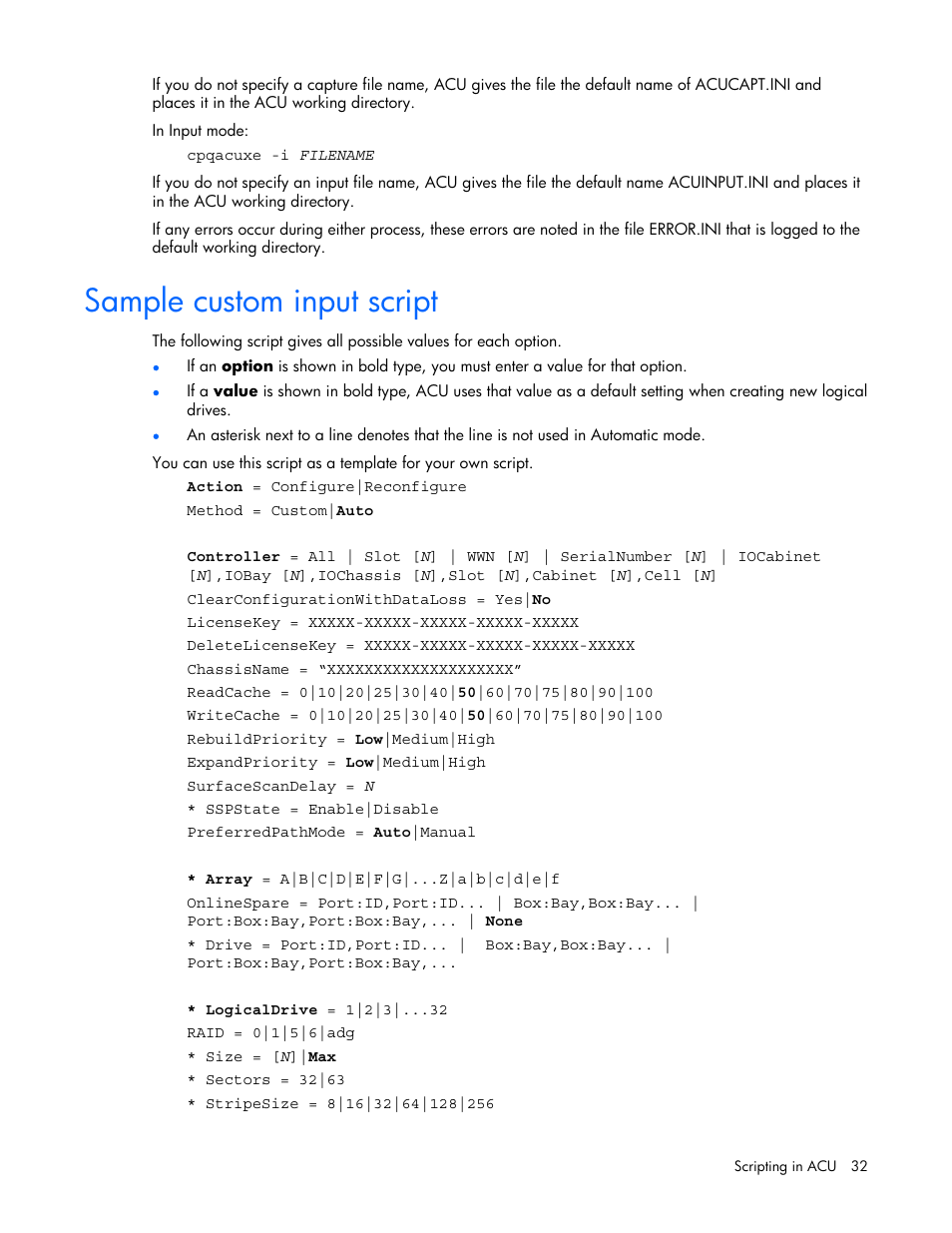 Sample custom input script | HP StorageWorks 1500cs Modular Smart Array User Manual | Page 32 / 71