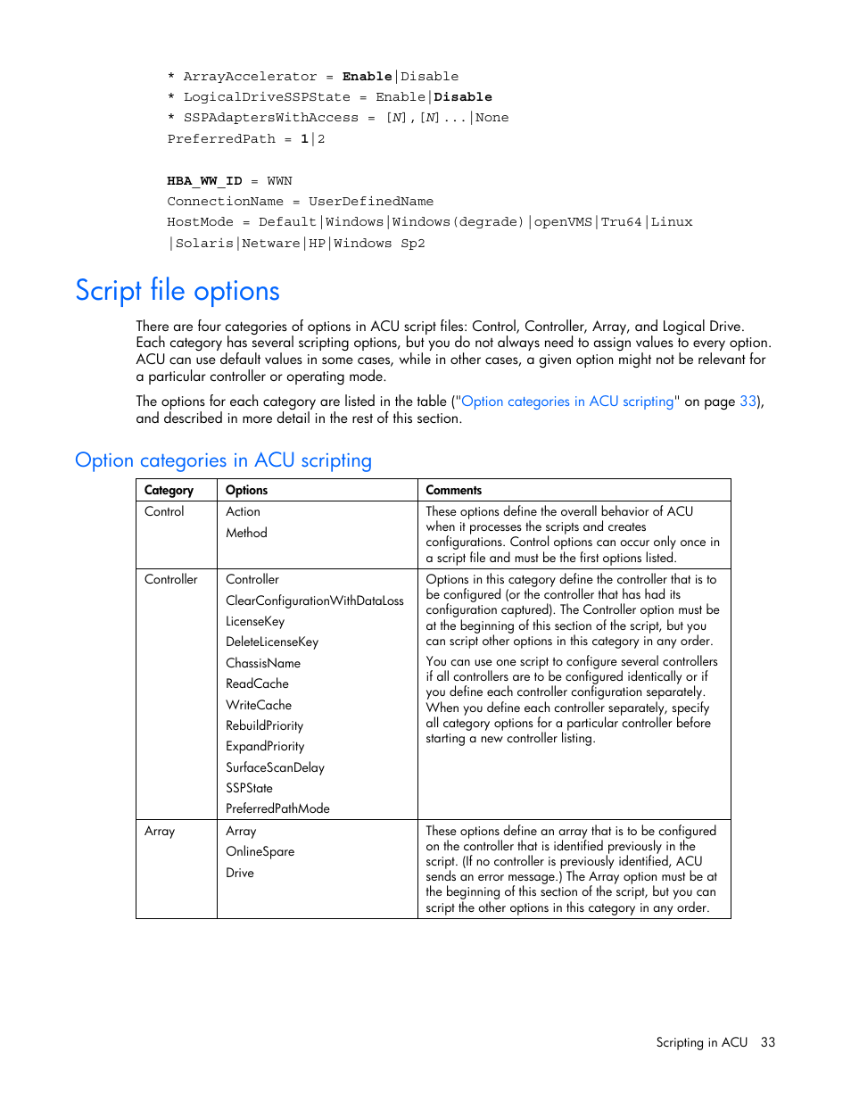 Script file options, Option categories in acu scripting | HP StorageWorks 1500cs Modular Smart Array User Manual | Page 33 / 71