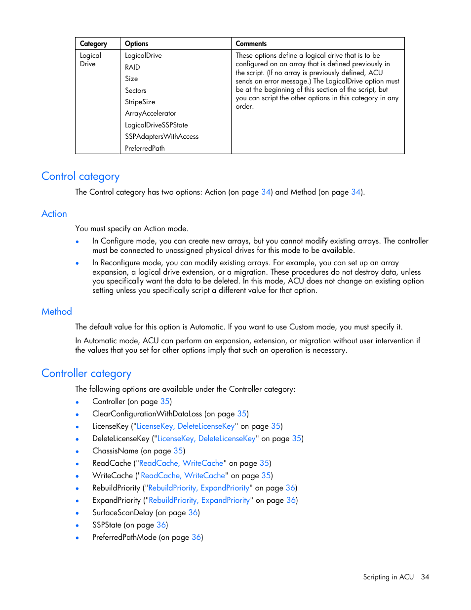 Control category, Action, Method | Controller category | HP StorageWorks 1500cs Modular Smart Array User Manual | Page 34 / 71