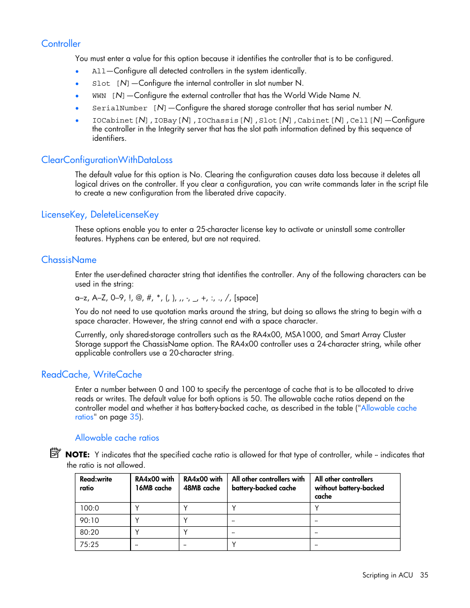 Controller, Clearconfigurationwithdataloss, Licensekey, deletelicensekey | Chassisname, Readcache, writecache, Readcache | HP StorageWorks 1500cs Modular Smart Array User Manual | Page 35 / 71