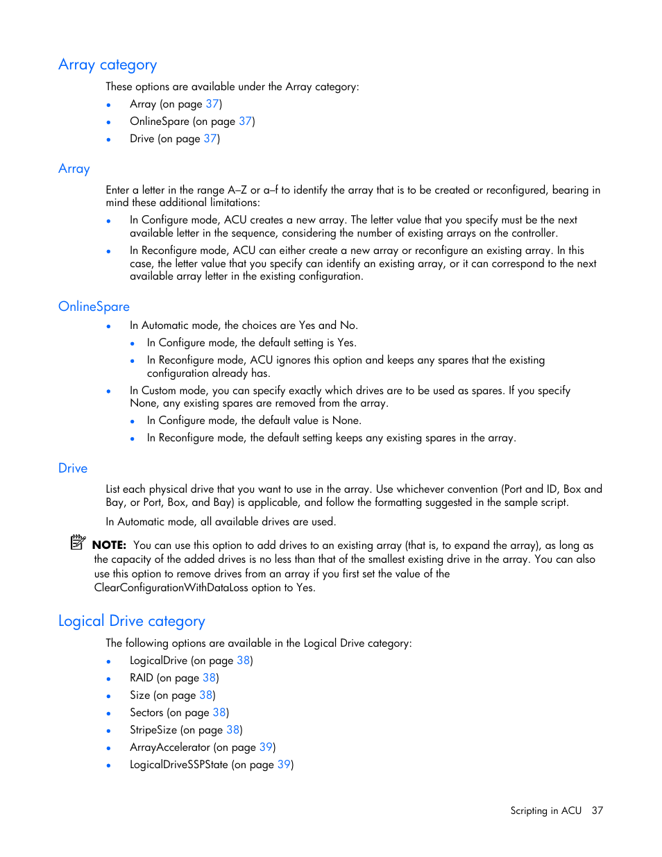 Array category, Array, Onlinespare | Drive, Logical drive category | HP StorageWorks 1500cs Modular Smart Array User Manual | Page 37 / 71