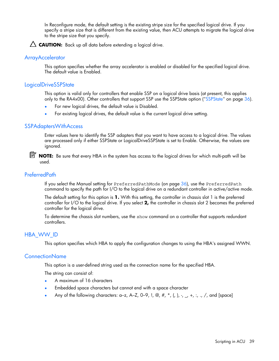 Arrayaccelerator, Logicaldrivesspstate, Sspadapterswithaccess | Preferredpath, Hba_ww_id, Connectionname, Ldrivesspstate option, Other | HP StorageWorks 1500cs Modular Smart Array User Manual | Page 39 / 71