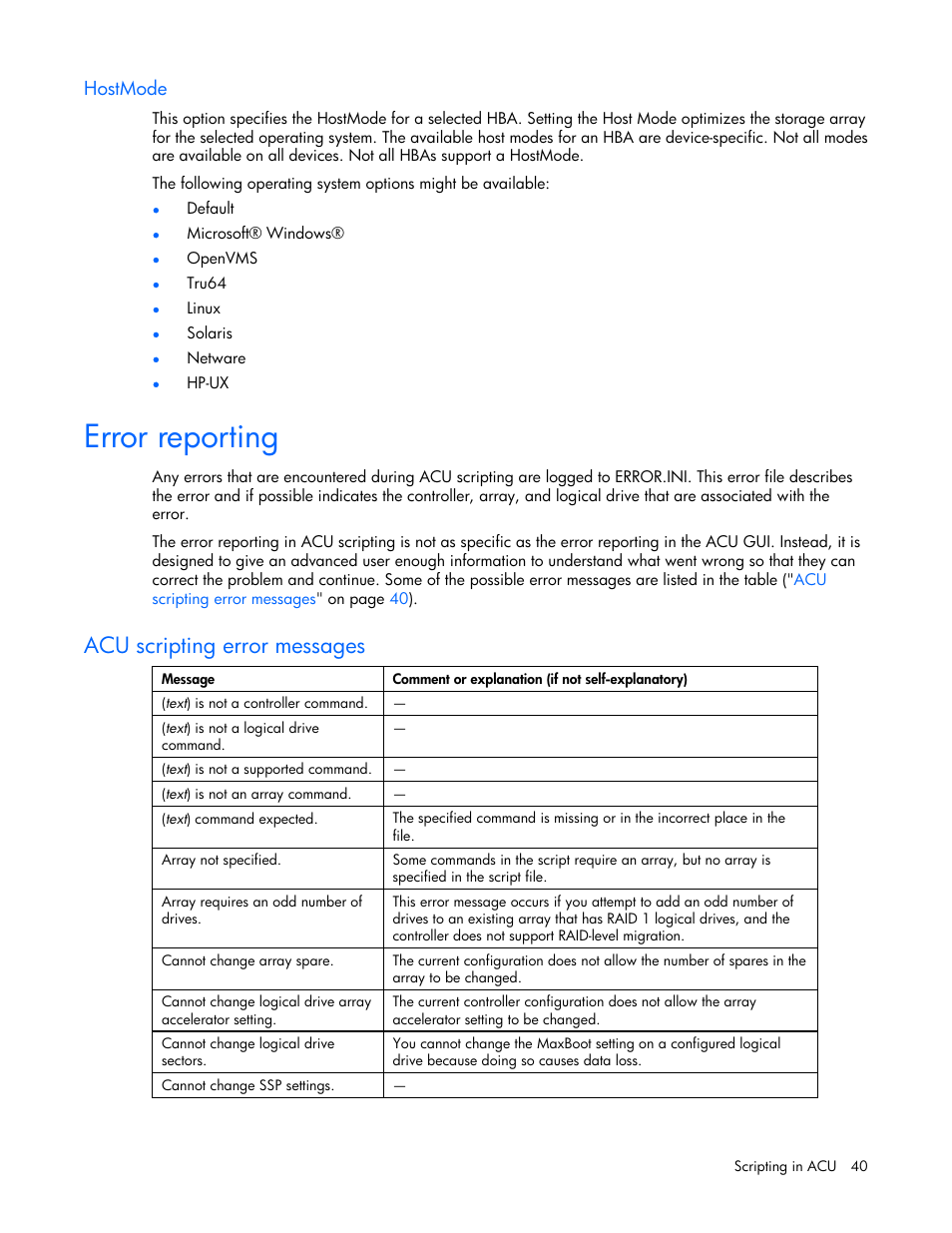 Hostmode, Error reporting, Acu scripting error messages | HP StorageWorks 1500cs Modular Smart Array User Manual | Page 40 / 71