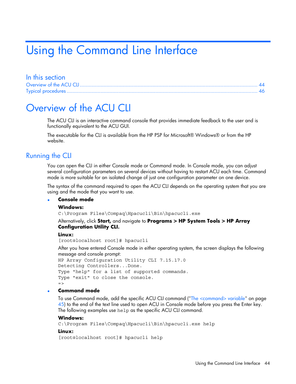 Using the command line interface, Overview of the acu cli, Running the cli | Using the, Command line interface, Or gui mode. furth, Using the command line, Interface, Refer to the appropriate chapter for furth | HP StorageWorks 1500cs Modular Smart Array User Manual | Page 44 / 71