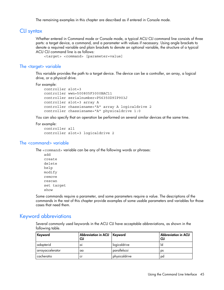 Cli syntax, The <target> variable, The <command> variable | Keyword abbreviations | HP StorageWorks 1500cs Modular Smart Array User Manual | Page 45 / 71