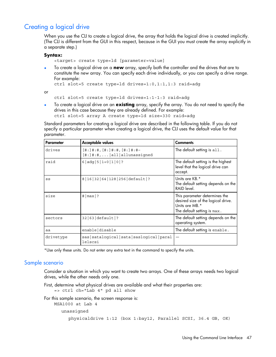 Creating a logical drive, Sample scenario | HP StorageWorks 1500cs Modular Smart Array User Manual | Page 47 / 71